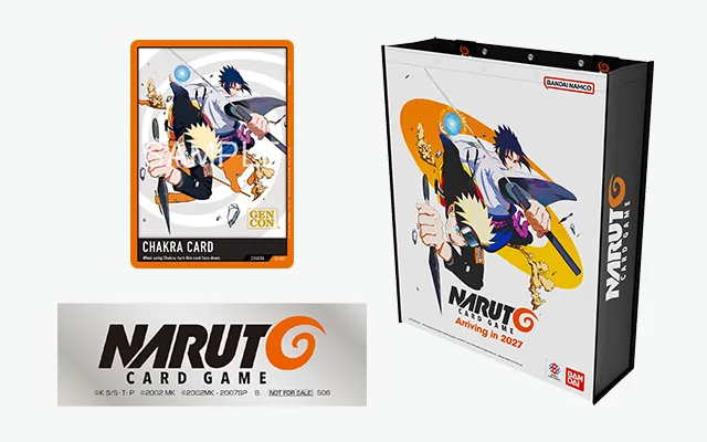 Gen Con 2026 NARUTO CARD GAME participation gifts: the CP-001 Chakra Card with a GEN CON stamp, a white backpack printed with the key visual and Arriving in 2027, and a NARUTO CARD GAME logo sticker.
