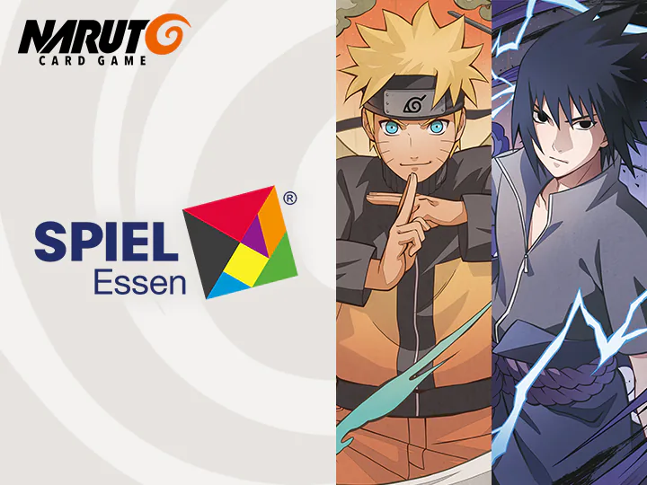 Bandai's official NARUTO CARD GAME key visual for SPIEL Essen: the NARUTO CARD GAME logo top left, the SPIEL Essen diamond logo below it, and Naruto Uzumaki and Sasuke Uchiha crackling with chakra on the right.
