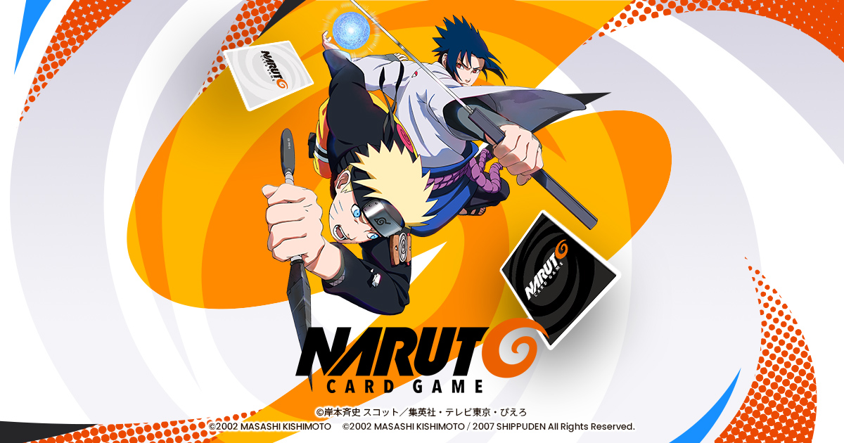 Official NARUTO CARD GAME key visual from Bandai showing Naruto and Sasuke back to back with card backs floating around them and the NARUTO CARD GAME logo.