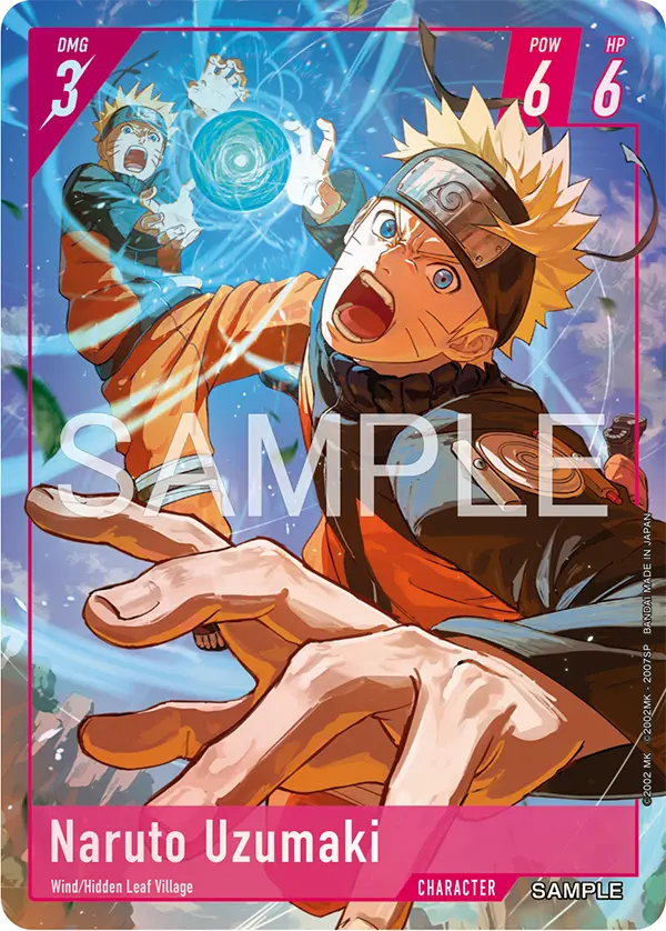 Naruto Uzumaki sample Character card showing DMG 3 in the top left, POW 6 and HP 6 in the top right, and the trait line Wind / Hidden Leaf Village.