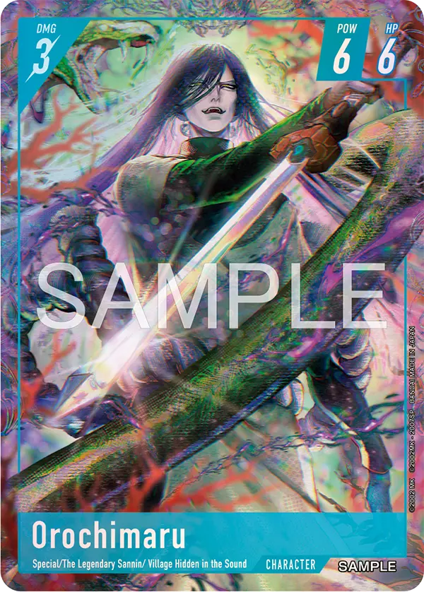 Orochimaru sample Character card in a blue frame with the trait line Special / The Legendary Sannin / Village Hidden in the Sound.