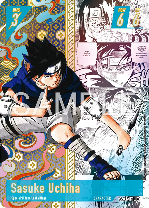 Sasuke Uchiha sample Character card using manga panels from the original series as its artwork, alongside a color illustration.