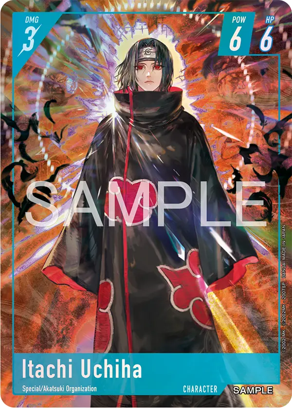 Itachi Uchiha NARUTO CARD GAME sample card in a blue frame, Akatsuki cloak with red clouds, trait line reading Special slash Akatsuki Organization.