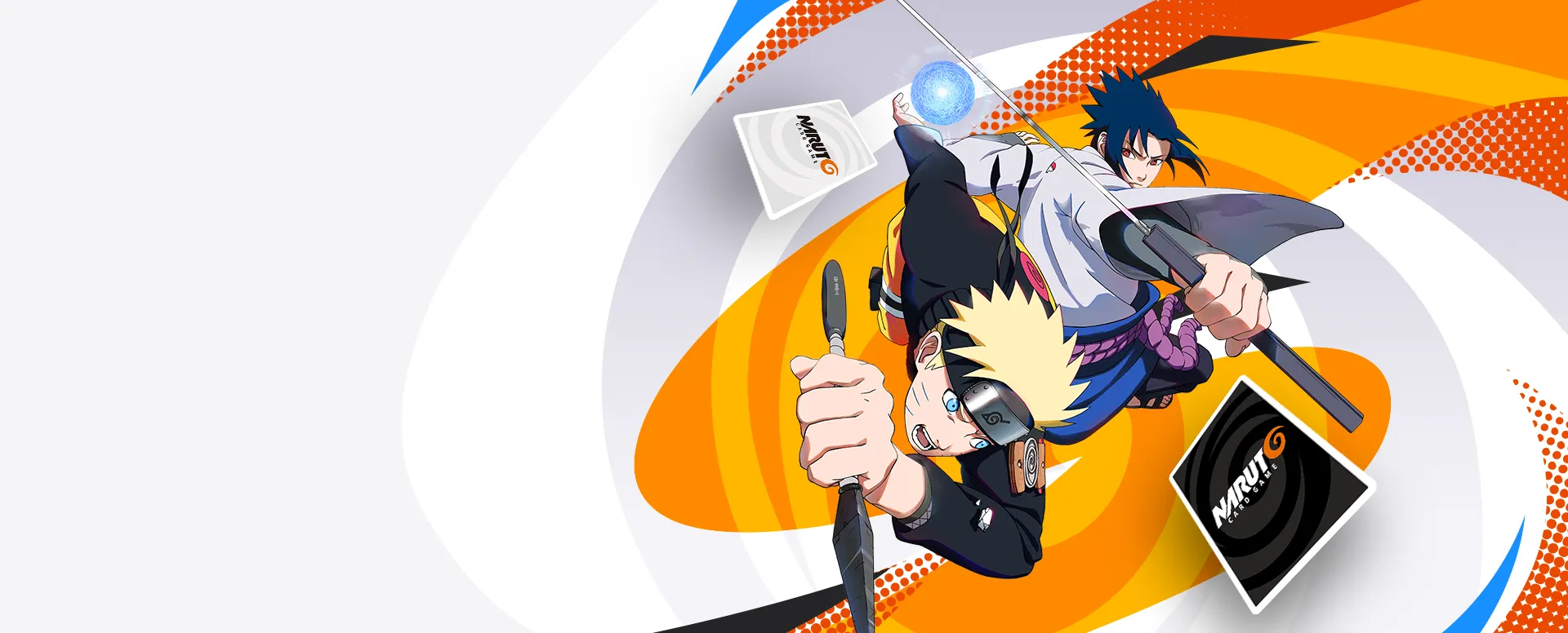 NARUTO CARD GAME key visual: Naruto with a Rasengan and Sasuke with a drawn sword, flanked by two branded card backs.