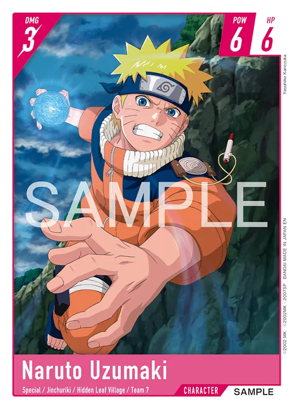 Naruto Uzumaki NARUTO CARD GAME sample card in a red frame, showing DMG 3 in the top-left corner and POW 6 and HP 6 in the top-right.