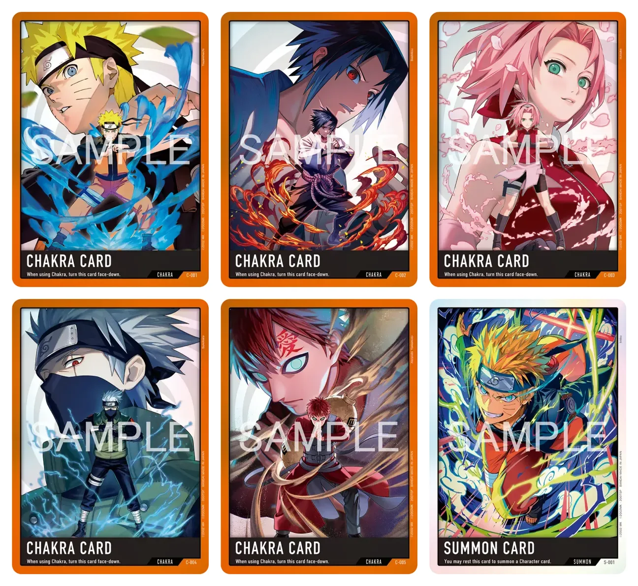 The six cards Bandai shows for the NARUTO CARD GAME Premium Card Collection vol.00 CHAKRA Set, each stamped SAMPLE. Five orange-framed Chakra Cards, each reading When using Chakra, turn this card face-down: C-001 Naruto in swirling blue chakra, C-002 Sasuke in red flames, C-003 Sakura among pink petals, C-004 Kakashi in blue lightning and C-005 Gaara in streams of sand. The sixth is Summon Card S-001, a pale-framed card of Naruto lunging through green lightning, reading You may rest this card to summon a Character card.