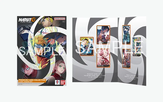 Bandai's product image of the NARUTO CARD GAME Premium Card Collection vol.00 CHAKRA SET, stamped SAMPLE: the English-language package front showing Naruto at the centre of a white spiral with Kakashi, Sasuke, Gaara and Sakura around him, beside the opened folder holding five orange-framed Chakra cards and one Summon card in card slots.