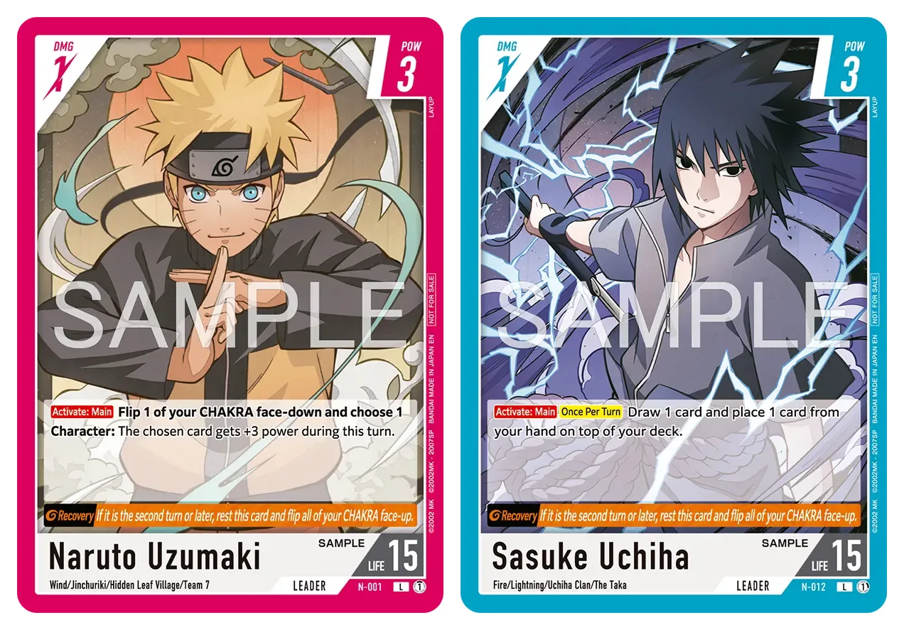 Two NARUTO CARD GAME Leader sample cards side by side, each with a SAMPLE watermark. Left: Naruto Uzumaki, N-001, in a pink frame, making a hand sign, DMG 1, POW 3 and LIFE 15, with an Activate: Main ability that flips 1 Chakra face-down to give a Character +3 power and an orange Recovery bar. Right: Sasuke Uchiha, N-012, in a blue frame, holding a sword amid white lightning on a purple background, DMG 1, POW 3 and LIFE 15, with an Activate: Main, Once Per Turn ability to draw 1 card and put 1 from hand on top of the deck, and the same Recovery bar.