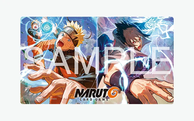 The NARUTO CARD GAME Official Playmat -NARUTO vs. SASUKE-, stamped SAMPLE: a wide mat split down the middle, with Naruto in his orange-and-black outfit forming a Rasengan beside a shadow clone on the left, Sasuke reaching forward through crackling blue lightning on the right, and the NARUTO CARD GAME logo at the bottom centre.