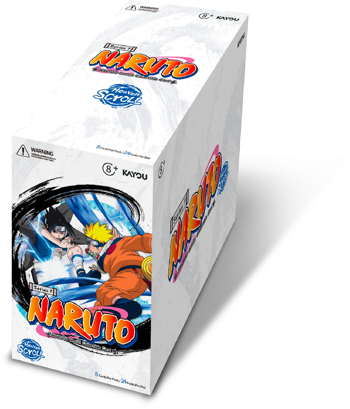 Official Kayou product render of the NARUTO Smriti Collectible Card Heaven Scroll Series 1 display box, printed with Sasuke and Naruto clashing, an 8+ age mark, and "8 Cards Per Pack / 24 Packs Per Box".