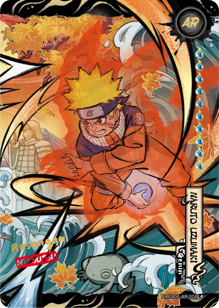 Kayou Earth Scroll AR card NREA02-AR-008L4 rendering Naruto Uzumaki forming a Rasengan in ukiyo-e woodblock style, with orange maple leaves, stylised Hokusai-like waves, an AR badge in the top right corner, and a side plate reading NARUTO UZUMAKI, Genin.