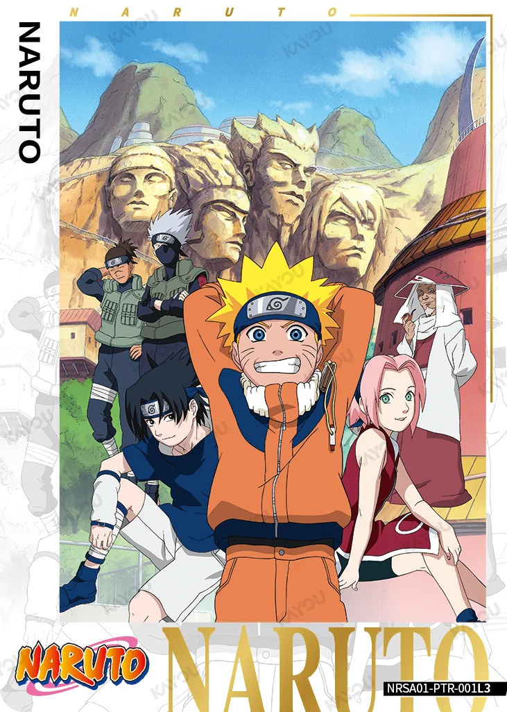 Kayou Heaven Scroll PTR card NRSA01-PTR-001L3, a poster-style NARUTO CLASSIC card showing Naruto with arms behind his head, Sasuke and Sakura crouched either side, Kakashi, Iruka and Hiruzen behind them, and the Hokage Rock in the background.