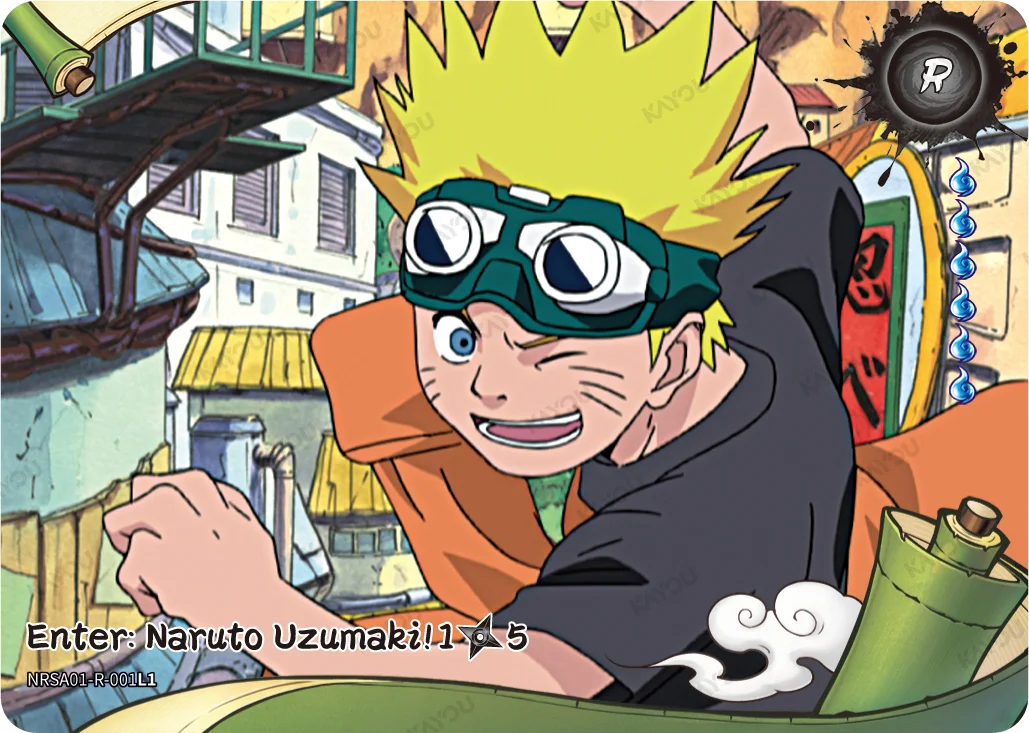 Kayou Heaven Scroll R card NRSA01-R-001L1, a landscape card titled "Enter: Naruto Uzumaki! 1/5" showing a young Naruto in goggles grinning over his shoulder in a Konoha street, with an R rarity badge in the top right corner.