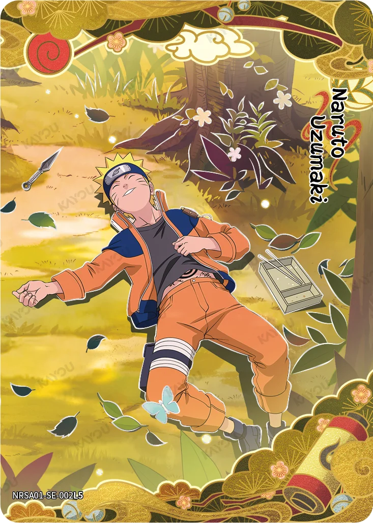 Kayou Heaven Scroll SE card NRSA01-SE-002L5 showing Naruto Uzumaki lying on his back in the grass, eyes closed and grinning, an empty ramen box beside him, framed by a gold foil border of pine, plum blossoms and swirling cloud motifs.