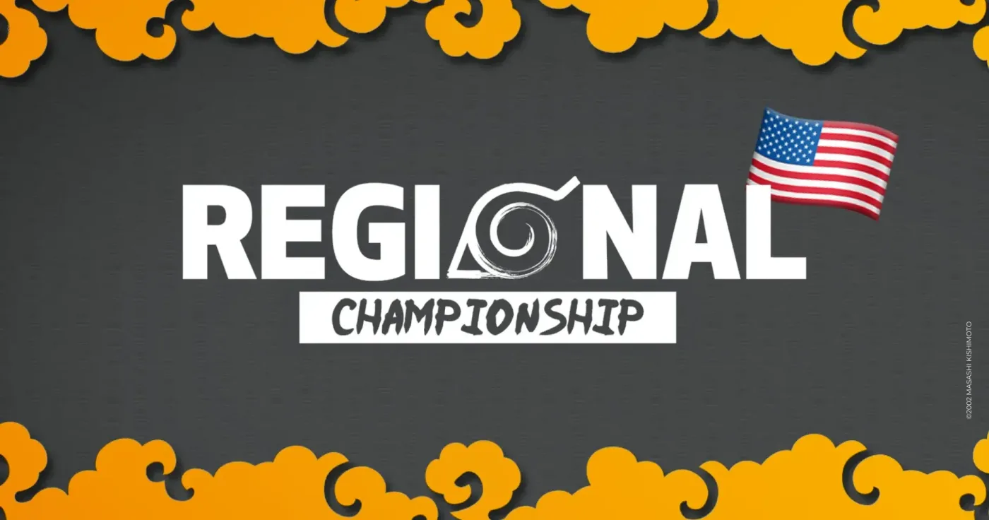 Official "Regional Championship" graphic for the NARUTO Mythos TCG event in the United States, with a US flag in the top-right corner and the same credit line.