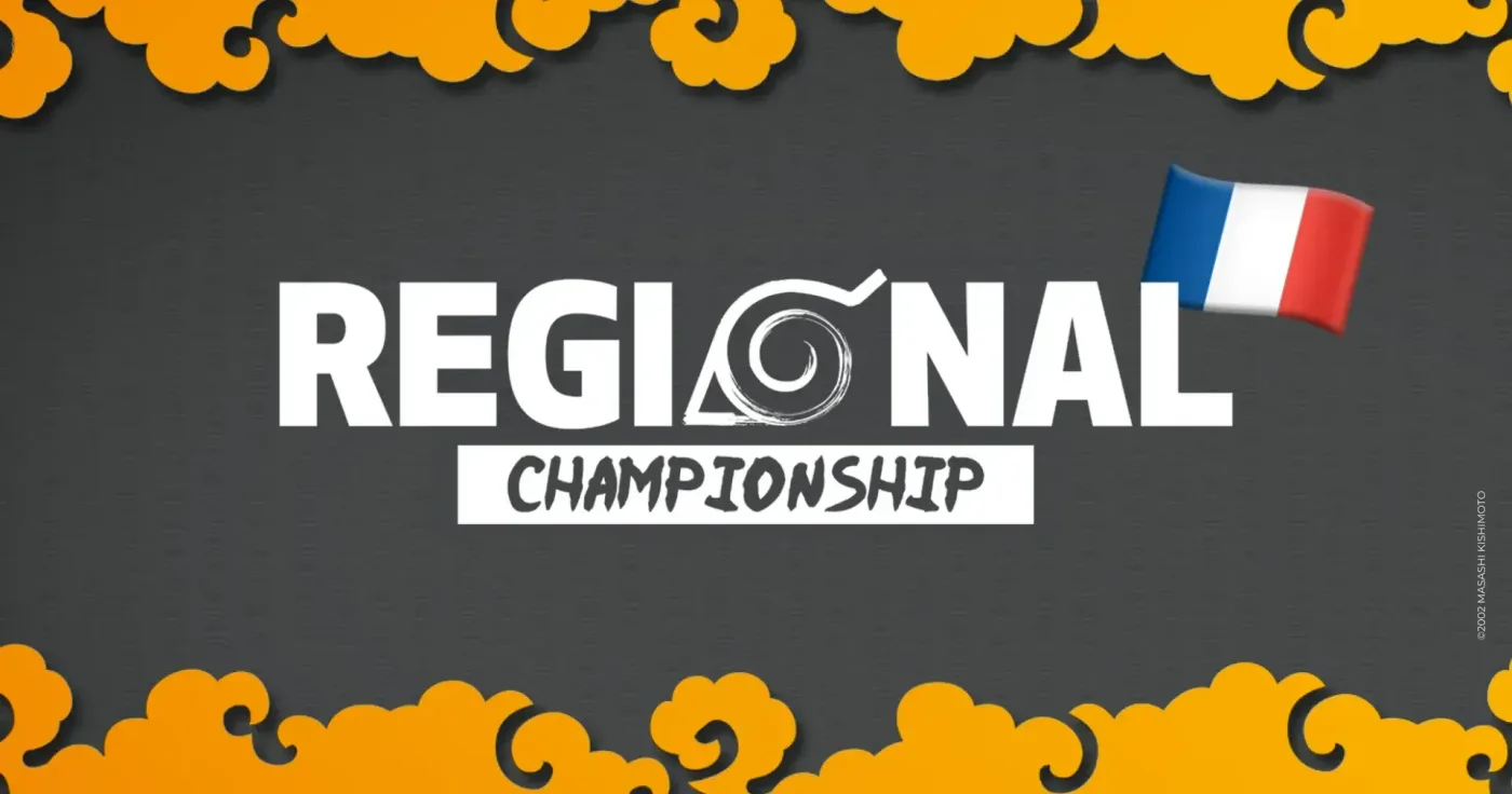Official "Regional Championship" graphic for the NARUTO Mythos TCG event in France, with a French flag in the top-right corner and the ©2002 Masashi Kishimoto credit line.