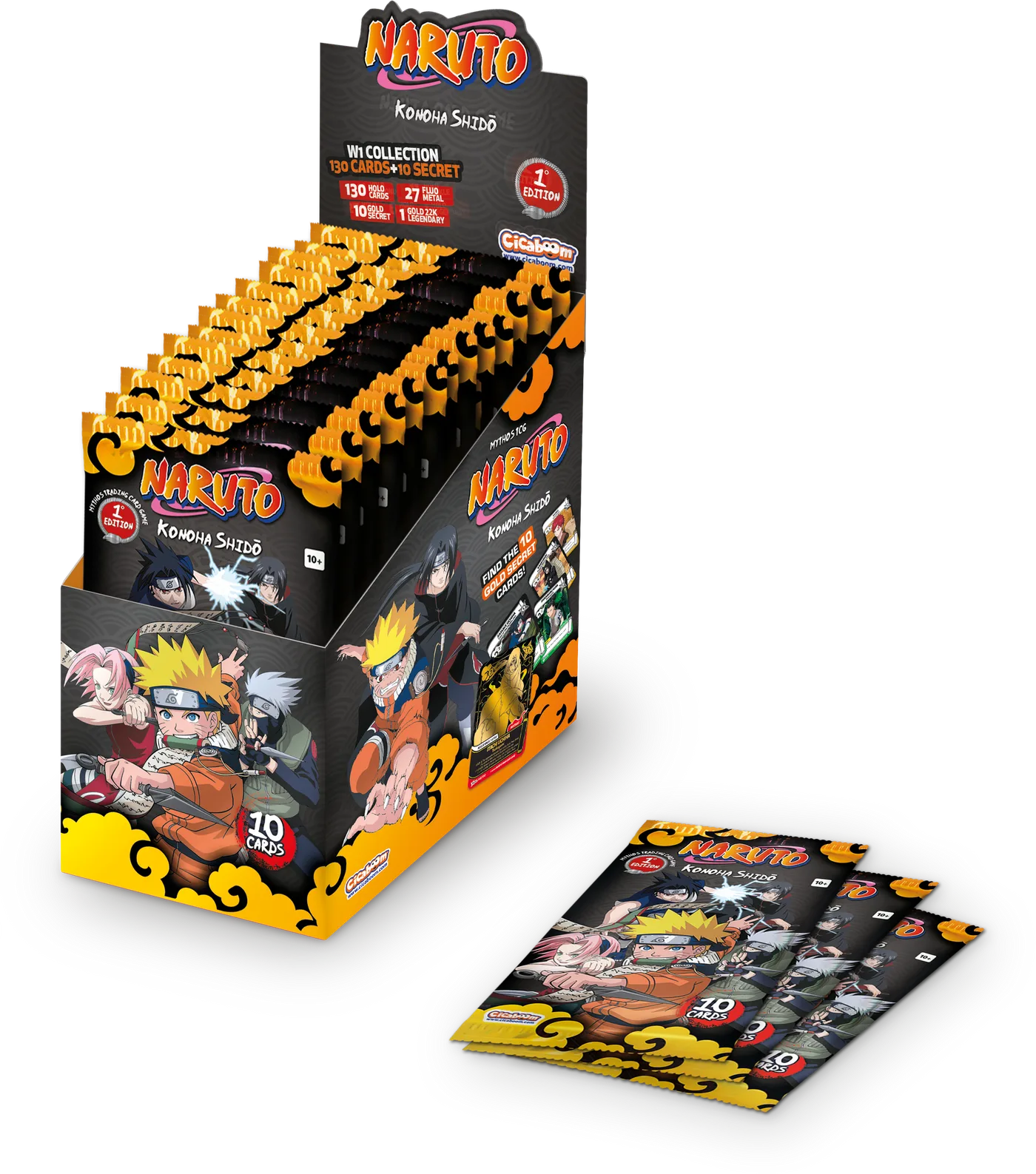 Official NARUTO Mythos TCG Set 1 Display Box and booster packs, showing "W1 COLLECTION 130 CARDS + 10 SECRET," "130 HOLO CARDS," "27 FLUO METAL," "10 GOLD SECRET" and "1 GOLD 22K LEGENDARY" printed on the box, with a fan of ten-card packs beside it.