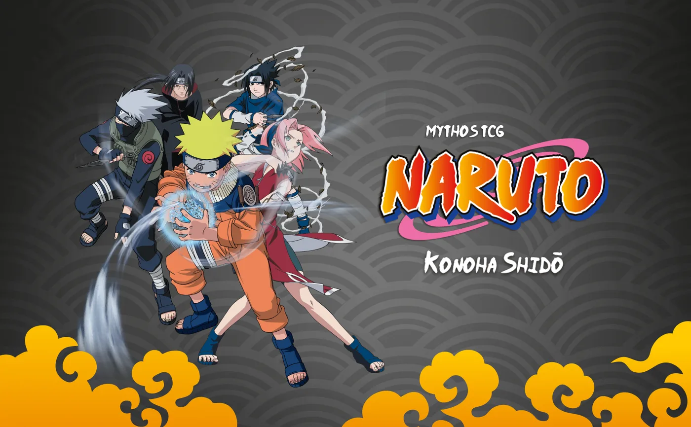 Official NARUTO Mythos TCG key visual for Set 1, Konoha Shidō, showing Kakashi, Itachi, Sasuke, Naruto and Sakura in a group pose against a grey wave pattern, with the NARUTO Mythos TCG logo and the words "Konoha Shidō" beside them.