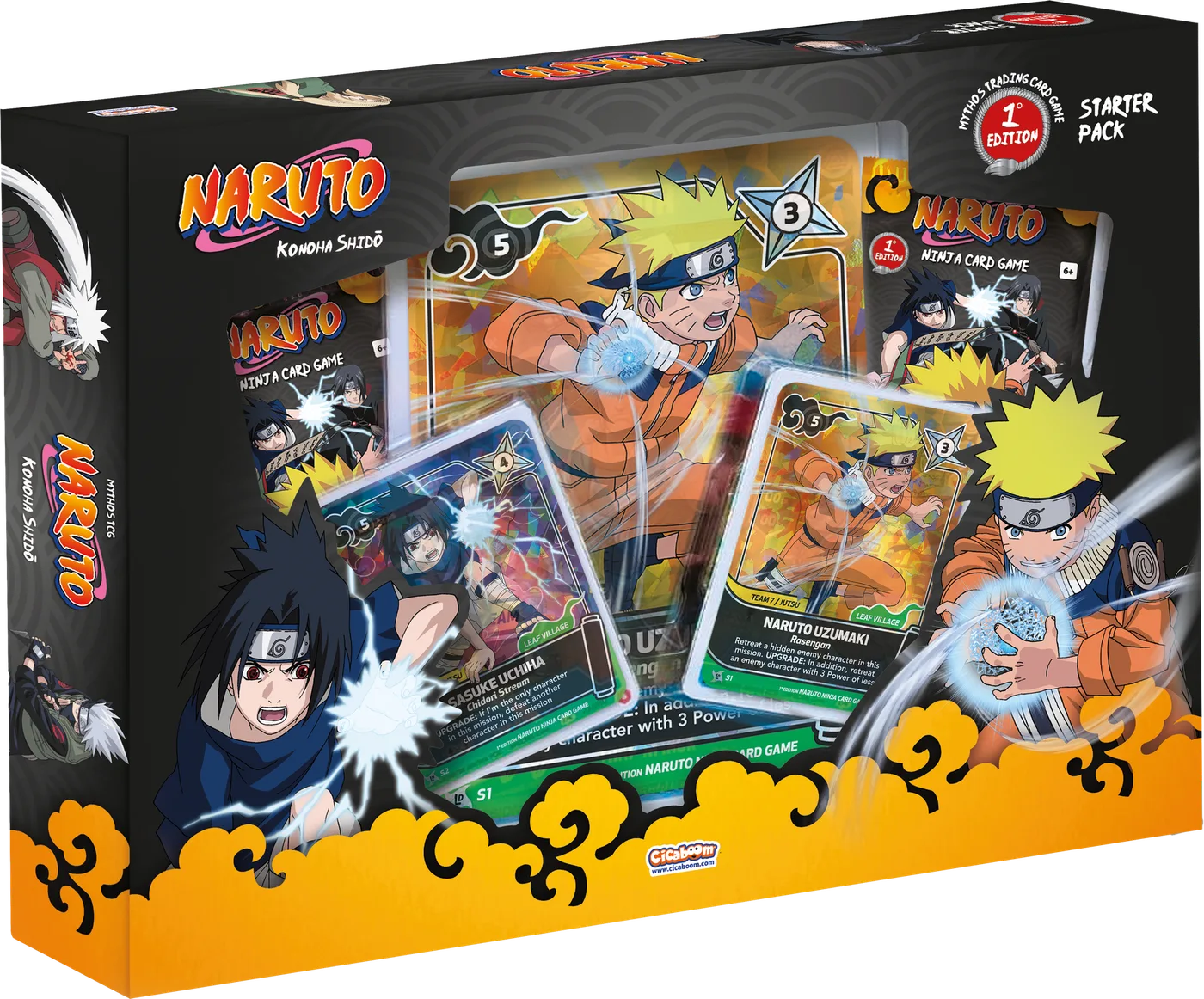 Official NARUTO Mythos TCG Starter Pack box, 1st Edition, showing the black-and-orange Konoha Shido packaging with two visible cards through a window — Sasuke Uchiha "Chidori Stream" and Naruto Uzumaki "Rasengan" — each printed with a Chakra-cost icon, a Power number, a faction tag and rules text.