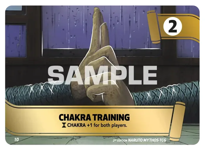 Official NARUTO Mythos TCG sample Mission card Chakra Training, number 10, worth 2 Mission points. A hand forms a two-finger seal against a dark wooden window frame, and the gold banner reads Chakra Training, CHAKRA +1 for both players.