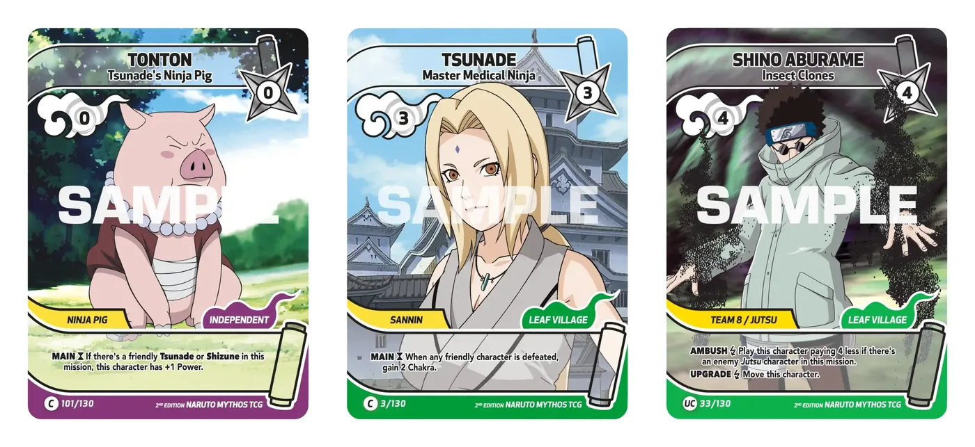 Three official NARUTO Mythos TCG Set 1 sample cards side by side on white, each with a SAMPLE watermark: TonTon, Tsunade's Ninja Pig (101/130), a pink pig in a red vest and pearl necklace with cost 0 and Power 0; Tsunade, Master Medical Ninja (3/130), cost 3 and Power 3, in front of a tiered Japanese-style castle; and Shino Aburame, Insect Clones (33/130), cost 4 and Power 4, in sunglasses and a hooded coat with insects swarming from his sleeves.