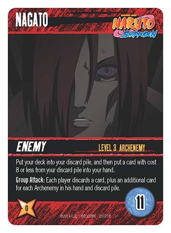 Nagato Archenemy card, Level 3, buy cost 11, worth 6 Victory Points, with card type Enemy and a Group Attack forcing each player to discard cards.