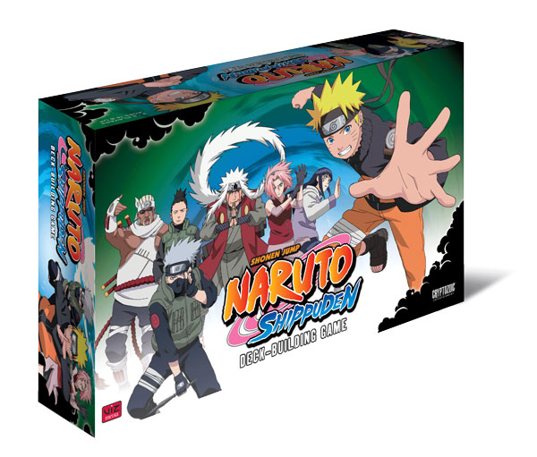 Retail box for the Naruto Shippuden Deck-Building Game from Cryptozoic, with Naruto lunging forward and Kakashi, Sakura, Hinata, Jiraiya, Shikamaru and Killer Bee arranged behind him.