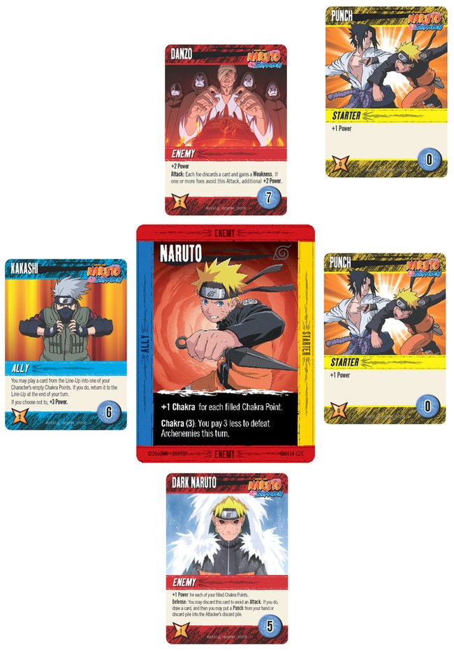 Cryptozoic worked example showing the Naruto Character card in the centre with Danzo above it, Kakashi to the left, a Punch card to the right and Dark Naruto below, filling all four Chakra Points.