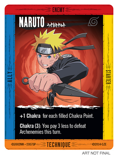 Pre-release oversized Naruto Character card marked ART NOT FINAL, with Enemy along the top edge, Ally down the left, Starter down the right and Technique along the bottom.