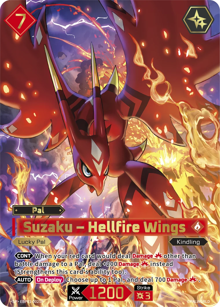 Official Palworld TCG card Suzaku - Hellfire Wings, showing cost 7 top-left, Lucky icon top-right, the Lucky Pal subtype and Kindling work suitability, and Power 1200 with Strike 3 along the bottom.