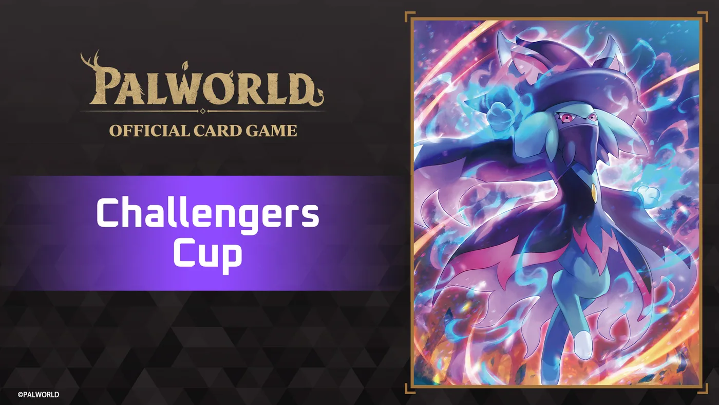 Official Palworld OFFICIAL CARD GAME Challengers Cup banner: the gold Palworld Official Card Game logo beside a purple "Challengers Cup" title card and framed artwork of a spectral blue-and-purple fox-eared Pal wreathed in flame.