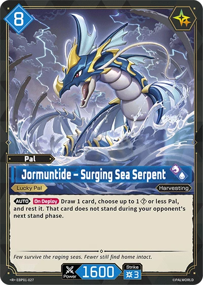 Official Palworld TCG card Jormuntide - Surging Sea Serpent, a blue Lucky Pal with a blue cost badge showing 8, Power 1600 and Strike 3, whose On Deploy ability draws a card and rests an opposing Pal so it does not stand next turn.