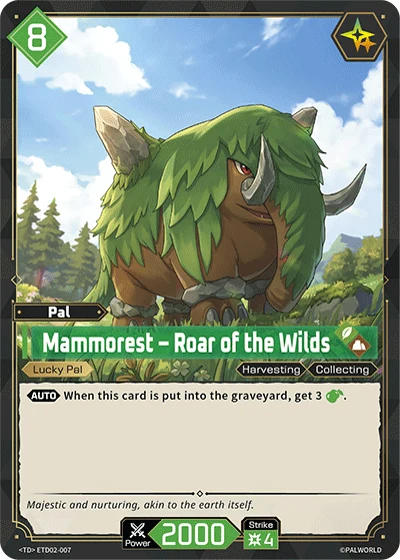 Official Palworld TCG card Mammorest - Roar of the Wilds, a green Lucky Pal with a green cost badge showing 8, the gold Lucky icon top-right, Power 2000 and Strike 4, with text granting 3 Ingredients when it is put into the graveyard.