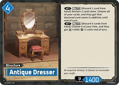 Official Palworld TCG structure card Antique Dresser, an ornate wooden dressing table with an oval mirror and a cushioned stool in a stone room, cost 4 in a blue diamond, with two once-per-turn ACT abilities and Durability 1400.
