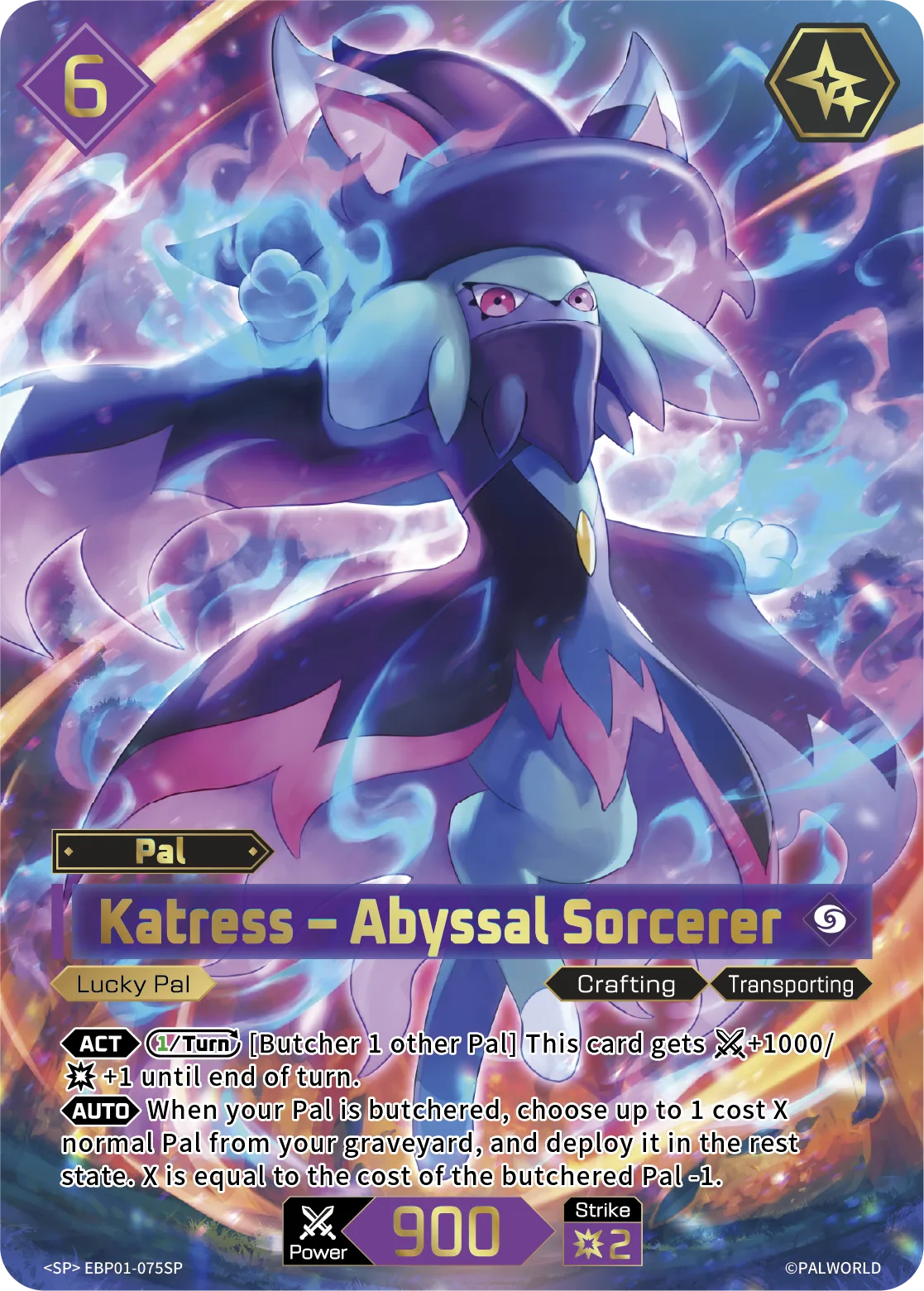 Official Palworld TCG card Katress - Abyssal Sorcerer in its SP full-art printing: a purple cat-like sorcerer in a wide hat against swirling blue and magenta energy, cost 6, Lucky Pal, Power 900 and Strike 2, with an ACT butcher ability and an AUTO graveyard-deploy ability.