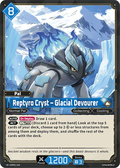 Official Palworld TCG card Reptyro Cryst - Glacial Devourer, an armoured icy quadruped Pal against a glacier backdrop, cost 8 in a blue diamond, Normal Pal, with an On Deploy draw ability and a once-per-turn structure-deploy ability, Power 1200 and Strike 3.