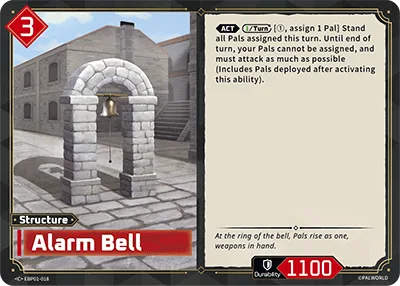 Official Palworld TCG card Alarm Bell, a 3-cost red structure with 1100 durability that stands all Pals assigned this turn but forces them to attack.