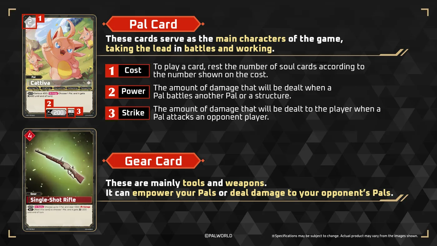 Official Palworld TCG explainer graphic contrasting Pal cards, showing cost, Power and Strike, with Gear cards described as tools and weapons that empower Pals.
