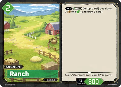 Official Palworld TCG card Ranch, a 2-cost green structure with the Farming work suitability and 800 durability, granting either 3 Material or 3 Ingredient plus a card draw.