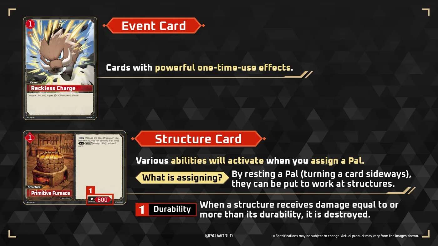 Official Palworld TCG explainer graphic for Structure Cards, showing how assigning a Pal works and how durability destroys a structure.