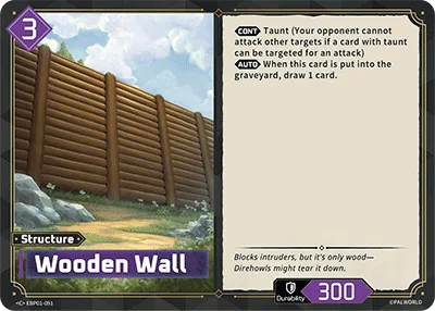Official Palworld TCG card Wooden Wall, a 3-cost purple structure with Taunt and just 300 durability that draws a card when it is put into the graveyard.