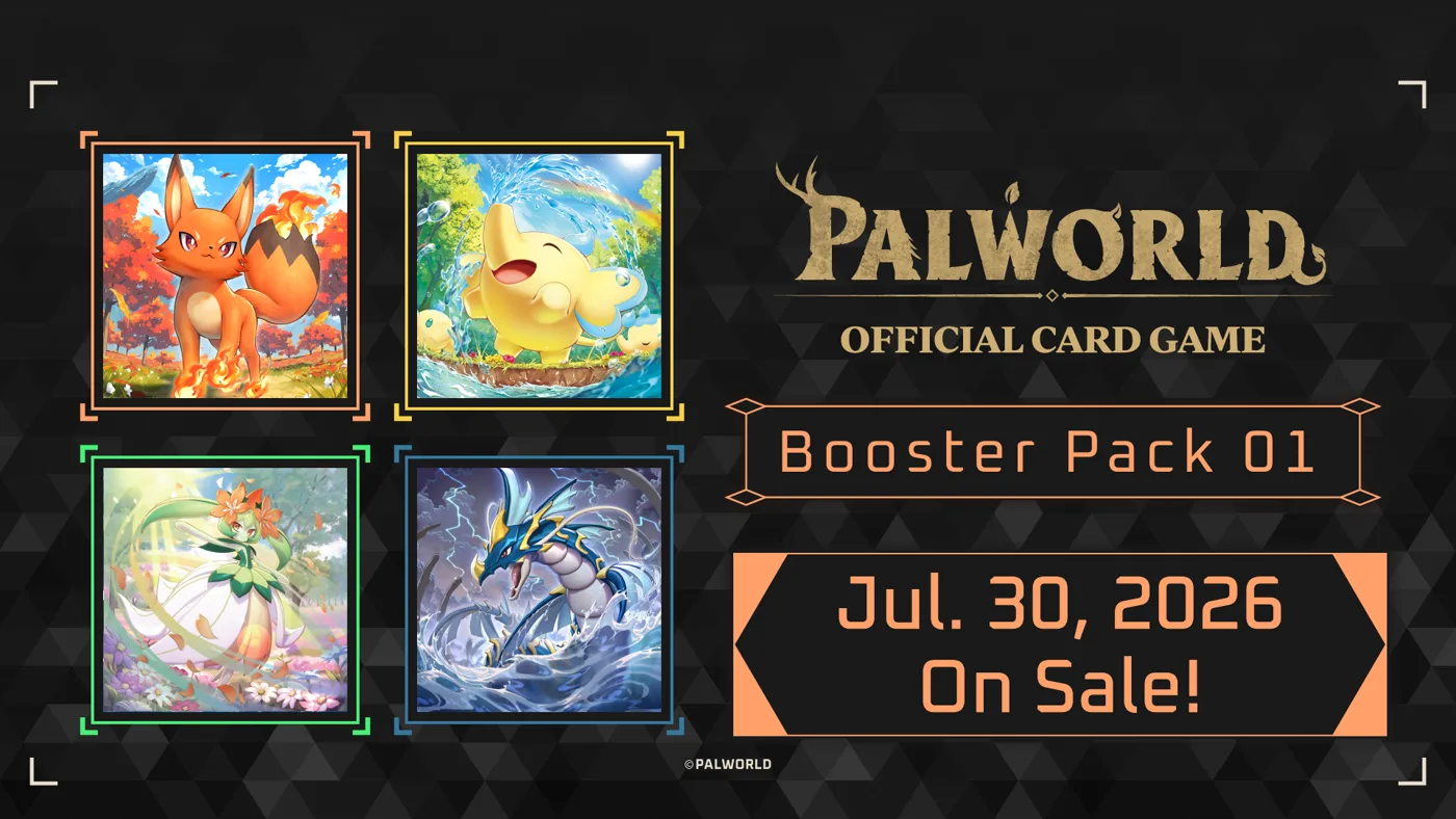 Official announcement art for Booster Pack 01 "Dawn of Palpagos", showing four new card illustrations in red, yellow, green and blue frames alongside a Jul. 30, 2026 on-sale date.
