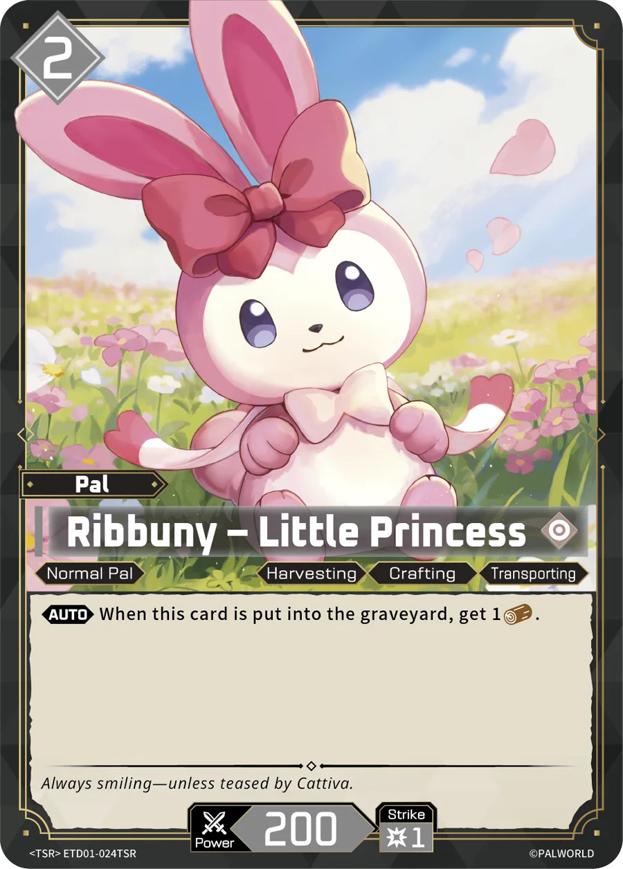 Official Palworld TCG card ETD01-024TSR, Ribbuny – Little Princess - a 2-cost colourless Normal Pal with Harvesting, Crafting and Transporting work suitability, 200 power and Strike 1.