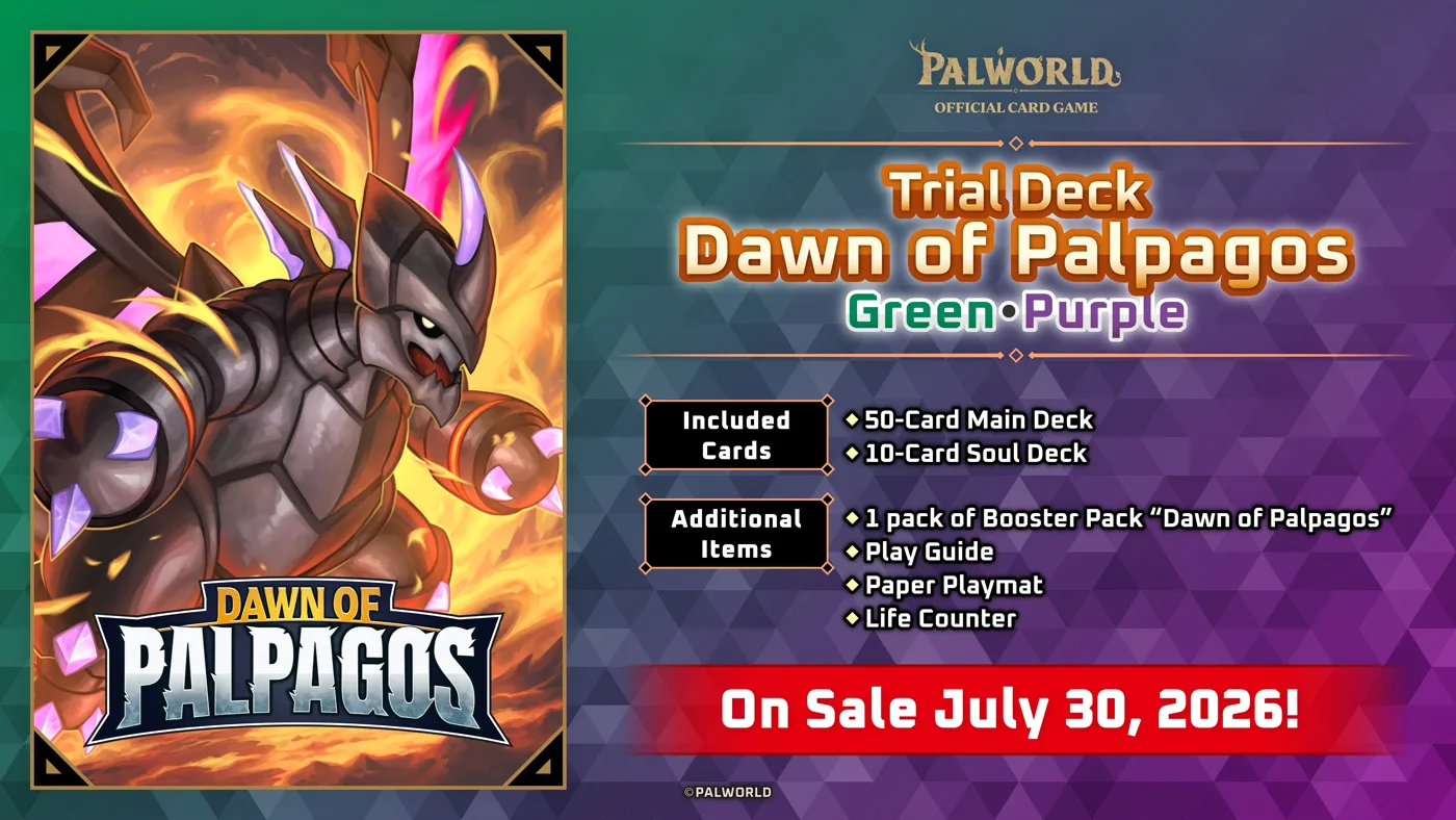 Official product art for Trial Deck "Dawn of Palpagos Green・Purple", showing Astegon on the box front and listing a 50-card main deck, a 10-card soul deck, a booster pack, play guide, paper playmat and life counter.