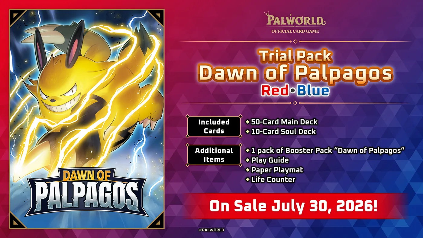 Official product art for Trial Deck "Dawn of Palpagos Red・Blue", showing Grizzbolt on the box front and listing a 50-card main deck, a 10-card soul deck, a booster pack, play guide, paper playmat and life counter.