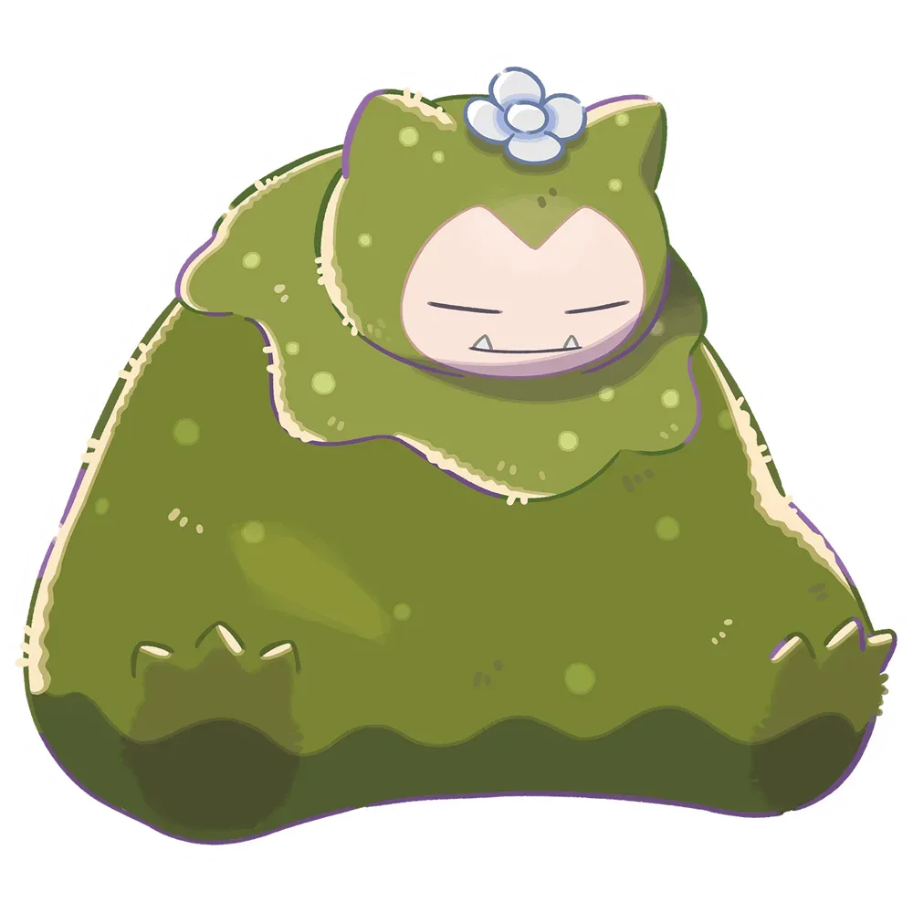 Official Pokopia artwork of Mosslax, a Snorlax so overgrown with green moss that only its face shows, with a white flower on its head.