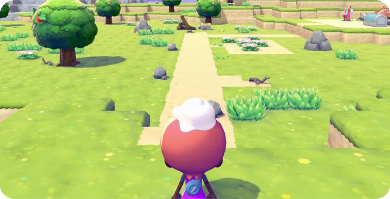 A Pokopia tip screen for Palette Town showing the player character walking a dirt path across a wide, flat island dotted with trees and tall grass.