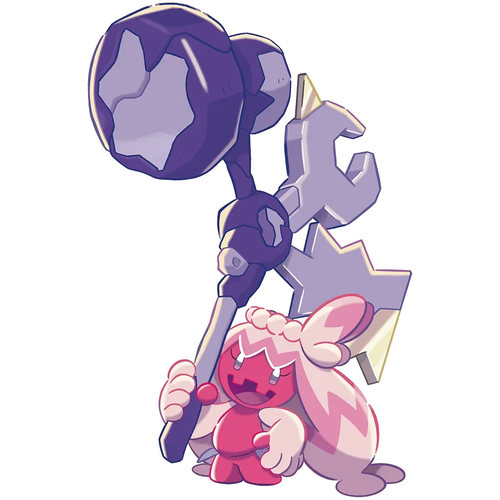 Official Pokopia artwork of Tinkmaster, a Tinkaton hoisting a massive hammer built from scrap metal, a wrench, and a star of junk.