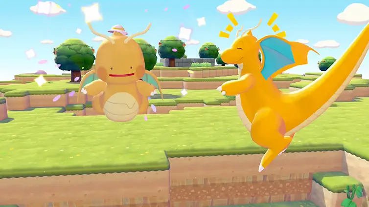 Ditto in Dragonite-inspired Glide form, soaring between the floating islands of the Sparkling Skylands.