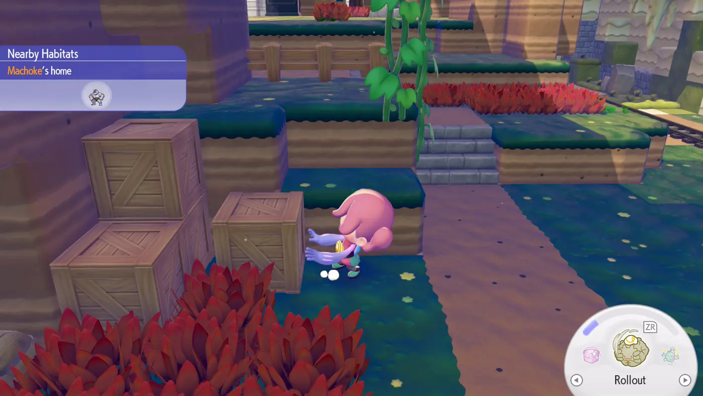 Ditto in Machoke-inspired Strength form, pushing heavy blocks around the island.